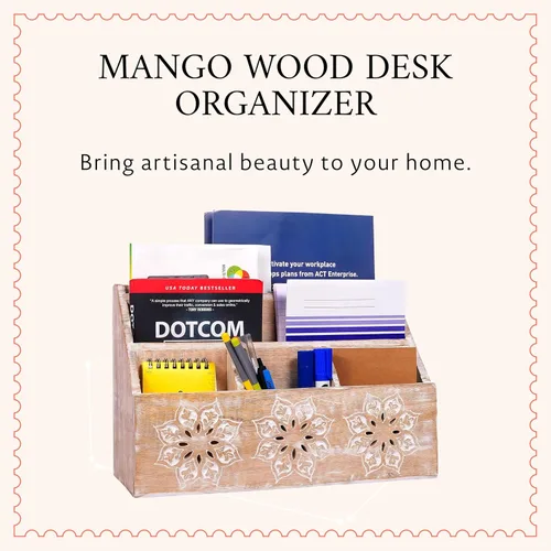 Vista 2 de Mela Artisans Serena - Organizador de escritorio de madera blanqueada de 13 x 8.5 pulgadas, soporte de correo de madera de mango con 5