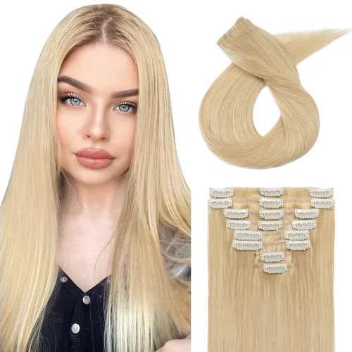 Vista 21 de Extensiones de cabello con clip, cabello humano Remy, extensiones de cabello largo lacio de una pieza con 5 clips, con gancho para colgar