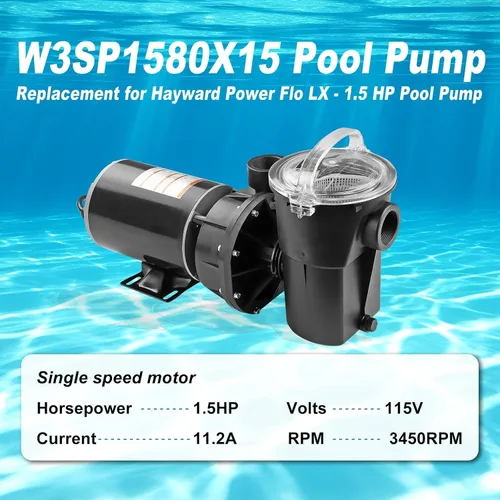 Vista 3 de Bomba de piscina W3SP1580X15 de 1.5 HP, motor de una sola velocidad, 115V 11.2A 3450RPM 60Hz, reemplazo directo para Hayward PowerFlo LX Series