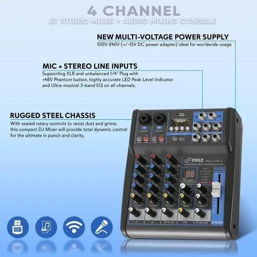 Vista 8 de Pyle Mezclador de audio profesional Placa de sonido Interfaz de sistema de consola de 4 canales USB digital Bluetooth MP3 Entrada de computadora 48V