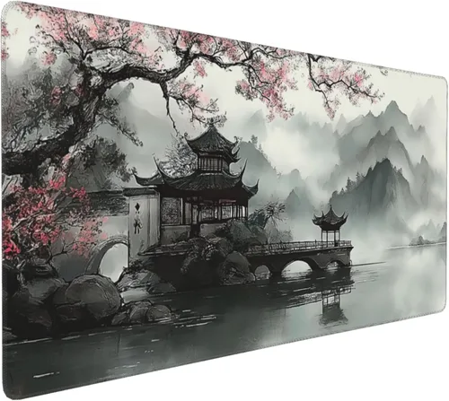 Vista 10 de Alfombrilla extendida para mouse, diseño de paisaje de pintura de tinta china, 35.4x15.7 pulgadas, tapete para teclado de juegos con bordes cosidos