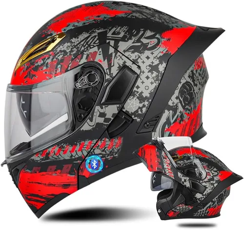 Vista 12 de Casco de motocicleta Bluetooth modular, casco moto plegable con visera interior, visera solar, doble lente de seguridad, casco aprobado por DOT