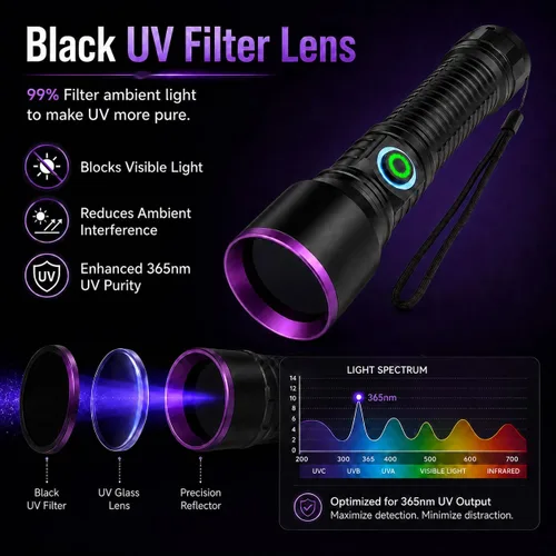 Vista 2 de luz negra de la linterna ULTRAVIOLETA de 365nm recargable para la detección