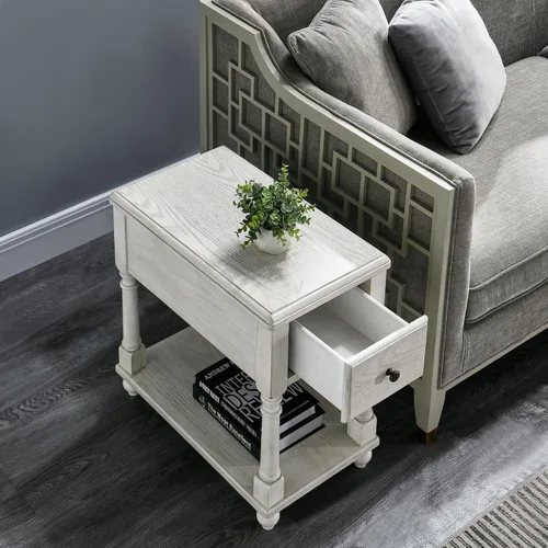 Vista 6 de Mesa auxiliar estrecha de madera maciza con cajón, mesa auxiliar de sofá con estantes de almacenamiento, mesa auxiliar delgada, teléfono