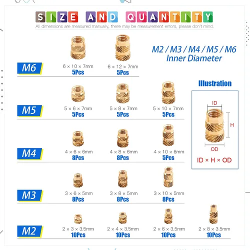 Vista 2 de Glarks 110 Uds. M2 M3 M4 M5 M6 Rosca hembra Tuercas moleteadas Latón Roscado Inserto Kit Surtido de tuercas para impresora 3D