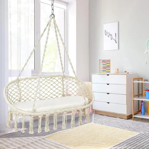 Vista 7 de Giantex Silla hamaca de 2 asientos, silla colgante de macramé con cojín, cuerdas de algodón colgantes, marco de metal, columpio