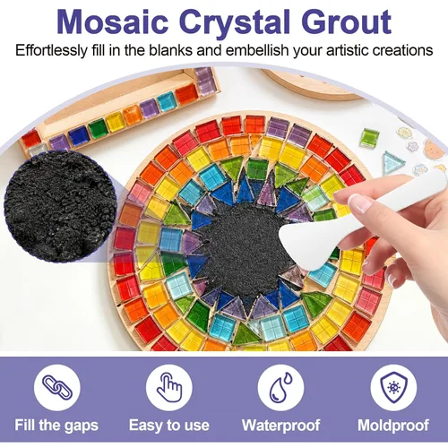 Vista 2 de Lechada de mosaico negro de 9 onzas, kit de lechada de mosaico con purpurina, arena de cristal transparente, fórmula impermeable, fácil de aplicar