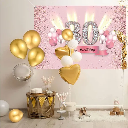 Vista 4 de Decoraciones de cumpleaños número 30 para mujer, cartel de fondo de feliz cumpleaños 30, cartel de tela para fiesta de aniversario de 30 años