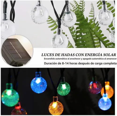 Vista 6 de Luces solares de Navidad para exteriores, impermeables, 8 modos de 23.0 ft/24 pies, 50 luces LED de bola de cristal para exteriores, luces solares
