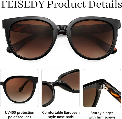 Vista 3 de FEISEDY Gafas de sol para mujer, gafas de sol redondas polarizadas a la moda, estilo moderno, protección UV, Sunnies B4127