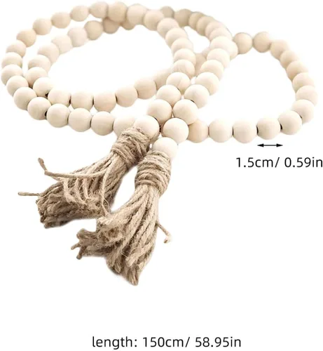 Vista 4 de IMIKEYA Guirnalda de cuentas de madera con borlas de 57 pulgadas, decoración rústica natural de granja para centros de mesa del hogar, bandejas Beige