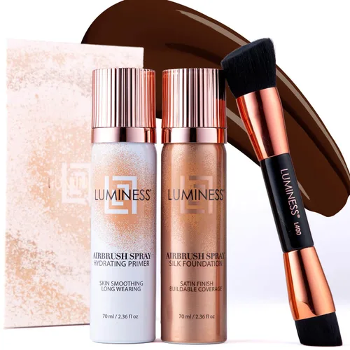 Vista 15 de LUMINESS Silk Airbrush Spray Foundation Kit de 3 piezas – base, prebase y brocha de maquillaje en ángulo de doble cara – Cobertura modulable