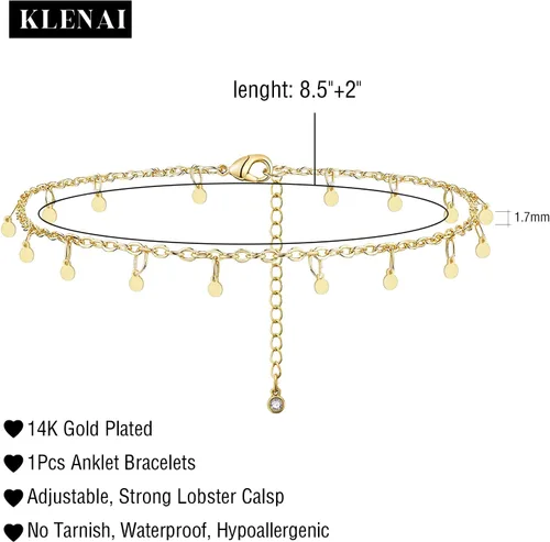 Vista 5 de Tobilleras de oro para mujer, chapadas en oro de 14 quilates, hechas a mano, delicadas capas de corazón, tobillera para mujer, impermeable, cuentas
