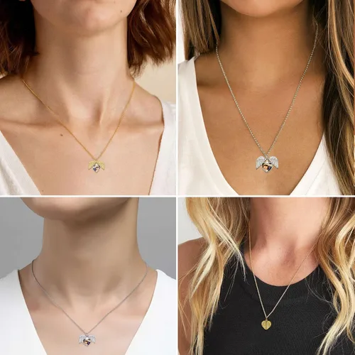 Vista 2 de Supcare Collar personalizado con medallón de alas de ángel con imagen conmemorativa, regalo de recuerdo personalizado para mujeres