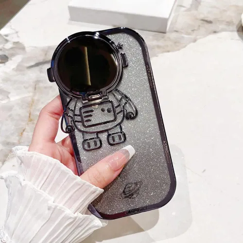 Vista 4 de Funda de teléfono con soporte oculto de astronauta para iPhone 11, bonito protector de cámara de lente de astronauta, soporte con purpurina