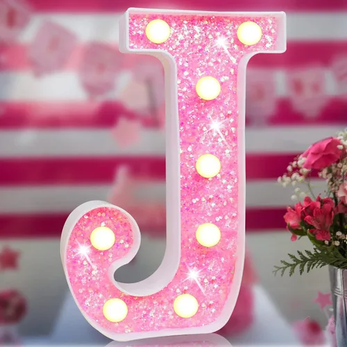 Vista 21 de Letras rosas iluminadas con purpurina, letras del alfabeto rosas, letreros de luces LED en marquesina rosas con batería para iluminación nocturna