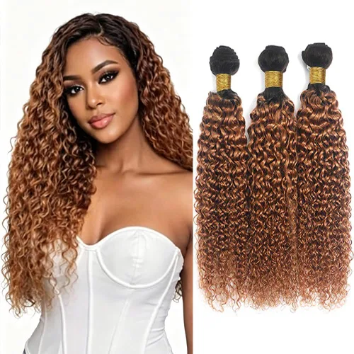 Vista 276 de P4613 Cabello humano rizado onda profunda marrón y paquetes mixtos 8 10 12 P4613 Ombre Marrón-Rubio-DP