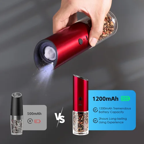 Vista 10 de Vzaahu Gravity - Molinillo eléctrico de pimienta y sal - Juego de 2 molinillo de sal y pimienta recargable de acero inoxidable con luz LED Rojo