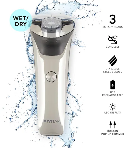 Vista 2 de VIVITAR Afeitadora giratoria metálica inalámbrica de 3 cabezales, afeitadora giratoria eléctrica inalámbrica para hombres con tres cabezales