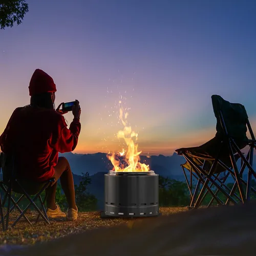 Vista 6 de ROOMTEC Fogata sin humo de 15 pulgadas, hoguera portátil de leña con soporte y bolsa, hoguera fácil de limpiar con cenicero extraíble, chimeneas
