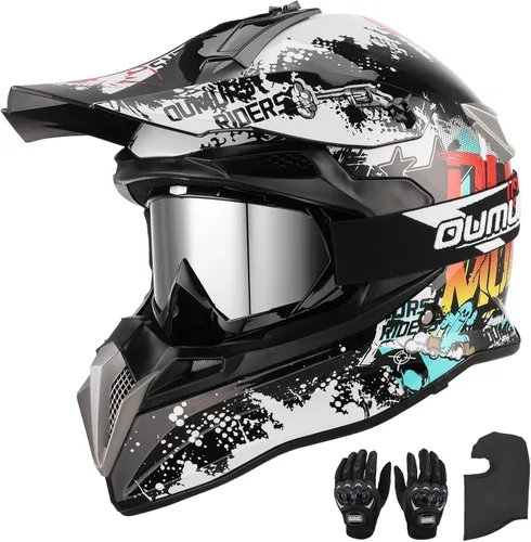 Vista 9 de OUMURS DOT Casco de Dirt Bike para Adultos con Gafas, Guantes y Máscara, Visera Solar Ajustable, Casco de Motocicleta ATV Todoterreno Motocross