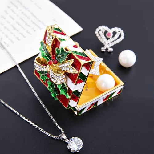 Vista 3 de YU FENG Caja de baratija de Navidad con lazo y hojas verdes, decoración de diamantes de imitación esmaltados pintados esmaltados con bisagras