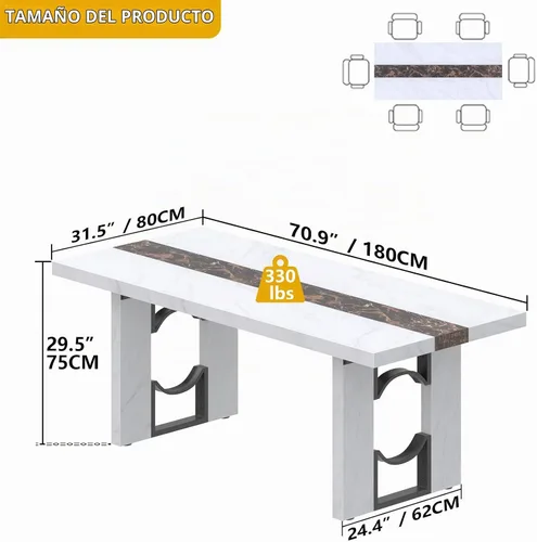 Vista 2 de Mesa de comedor de 71 pulgadas para 6-8 personas, mesa de cocina rectangular grande con mesa de color mármol, mesa de comedor lujosa de 6 pies