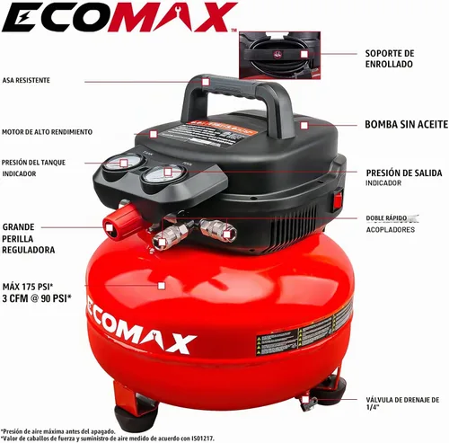 Vista 2 de Compresor de aire, Compresor de aire panqueque de 6 galones, MÁX 175PSI, Compresor para herramientas de aire con kit de 10 piezas de accesorios