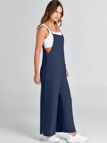 Vista 4 de ANRABESS Overol de lino con bolsillos para mujer, estilo casual, suelto, largo, con pierna ancha