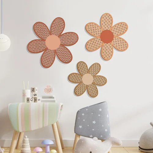 Vista 6 de Maitys 3 piezas de decoración de pared de margaritas bohemias, flores de ratán natural, arte bohemio de madera, flores de guardería, decoración