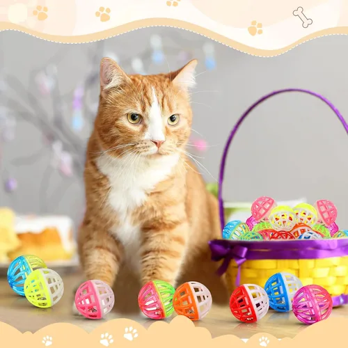 Vista 6 de Silkfly 30 bolas de juguete para gatos con campanas, bolas de plástico para cascabeles para gatitos, juguetes interactivos de persecución