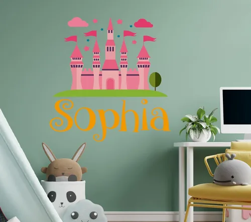 Vista 6 de Calcomanía de pared de castillo de princesa con nombre personalizado, mural de castillo de despegar y pegar para habitación de niñas, guardería