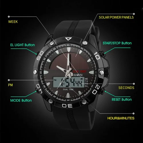 Vista 3 de PASNEW Men's Watch,Solar Watch,Large Dial Dual Display Watch,Multifunction Waterproof Digital Watch,Men's Wrist Watches