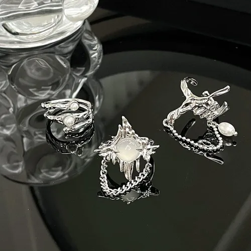 Vista 2 de Y2k - Juego de anillos de piedra lunar con diamantes de imitación, diseño de ágata irregular, para mujer
