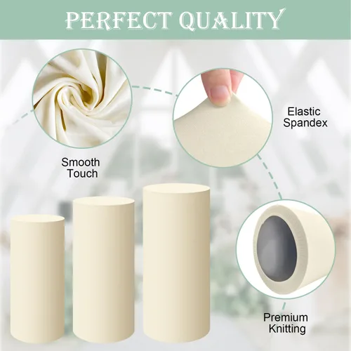 Vista 3 de SaitiMade Juego de 3 fundas para pedestal de cilindro beige, fundas de elastano para decoración de fiestas, bodas o eventos de cumpleaños, solo