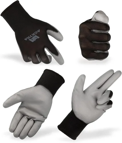 Vista 3 de ACKTRA Guantes de trabajo de seguridad ultrafinos de poliuretano 12 pares, WG002 negro/negro, XS