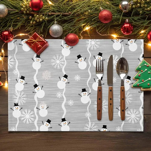 Vista 10 de Juego de 4 manteles individuales de Navidad de muñeco de nieve azul para mesa de comedor, juego de 4 manteles de tela impermeables, manteles Navidad