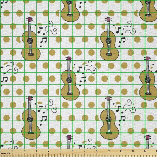 Vista 2 de Ambesonne Guitar Fabric by The Yard, Hand Drawn Style Pattern with Musical Instruments Notes Polka Dots Retro, Microfiber Fabric for Arts and Crafts