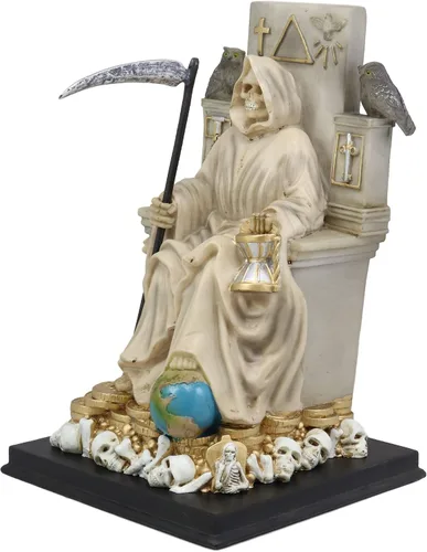 Vista 3 de Ebros Túnica blanca Santa Muerte Santa Muerte Hueso Sagrado Madre sentada en el trono con guadaña Estatua Patrón de Protección Sanación Pureza
