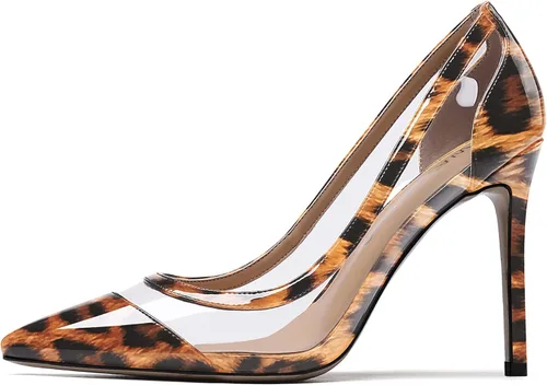 Vista 2 de WAYDERNS Zapatos de tacón alto con punta puntiaguda, de charol transparente, sin cordones, 4 pulgadas