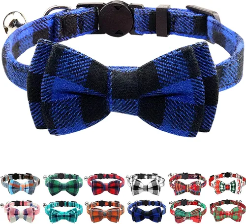 Vista 16 de Collar Joytale con corbatín y campana, lindos patrones de cuadros, 1 o 2 unidades de collares de seguridad para gato, Negro