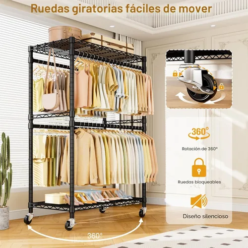 Vista 6 de P4 Plus Perchero Rodante de Ropa Resistente, Percheros de Ropa para Colgar Ropa, Percheros de Vestir Independientes con Ruedas, Perchero de Armario