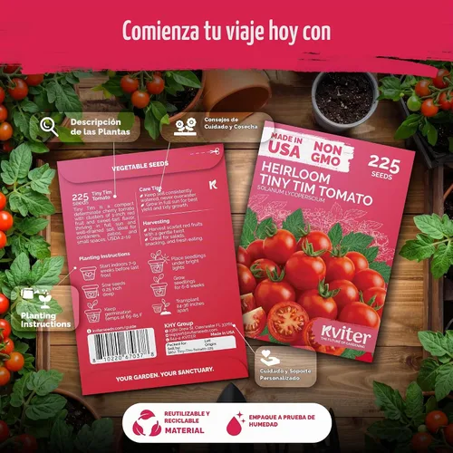 Vista 2 de 225 Tiny Tim Tomato Heirloom Vegetable Seeds, Solanum Lycopersicum Bush Cherry Tomatoes Seed Packets, No Staking Cherry Tomato Heirloom Seeds