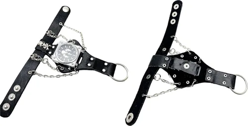 Vista 4 de Reloj de moda Hip-Hop Punk Skull para hombres y mujeres, reloj de pulsera de cuero ancho negro, estilo fresco, cadenas y guante de locomotora