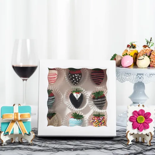 Vista 5 de RomanticBaking 14 piezas cajas de panadería de 7" x 7" x 2 1/2" pulgadas con ventana para tartas, galletas, fresas cubiertas de chocolate
