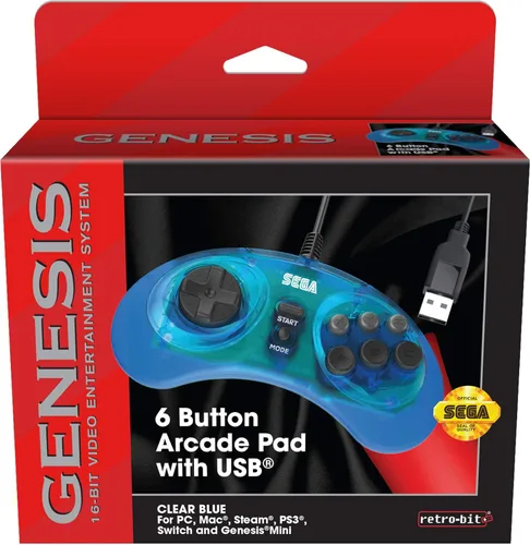 Vista 5 de Retro-Bit Official Sega Genesis USB Controller 6-Button Arcade Pad for Sega Genesis Mini, PS3, PC, Mac, Steam, Switch - USB Port - (Clear Blue)