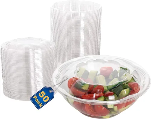 Vista 9 de Ensaladeras desechables de plástico con tapas herméticas, ideales para preparación de comidas, comida para llevar, catering, fiestas, picnics