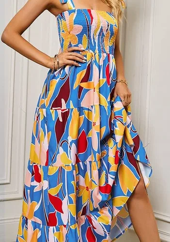 Vista 6 de Vestido largo de verano para mujer, estilo bohemio, con tirantes delgados, cuello cuadrado, con volantes, casual, para playa, fiesta