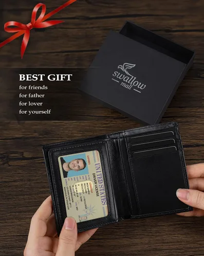 Vista 20 de Swallowmall AirTag Billetera para hombre con bloqueo RFID, de piel auténtica, plegable, para AirTag con 1 ventana de identificación, 13 tarjeteros