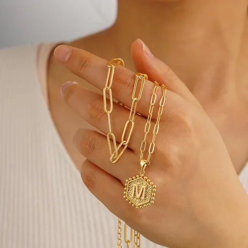 Vista 5 de M MOOHAM - Delicado collar de oro para mujer, de 14 quilates, en capas, lindos collares con letra hexagonal con inicial para mujer, regalos